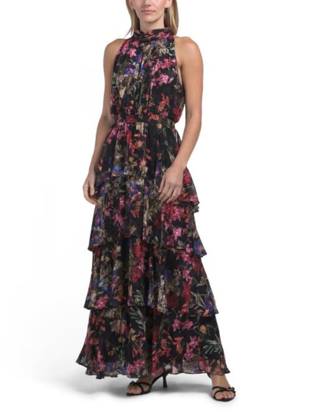 LIVIA JOLIE Burnout Chiffon Tiered Halter Maxi Dress